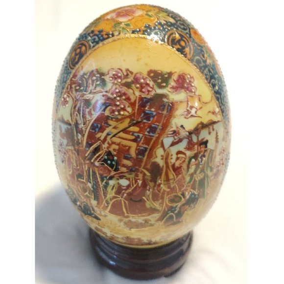 Vintage Chinese Ceramic Eggs Large 5x3" Festive Hand Painted W/ Wooden Pedestal - Picture 6 of 16